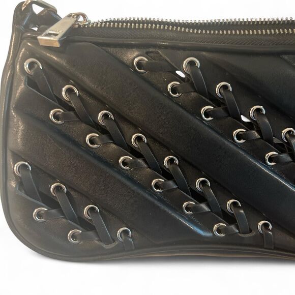 JW PEI Black Leather Eva Shoulder Bag Criss Cross Tie Up Silver Handbag - Picture 2 of 4